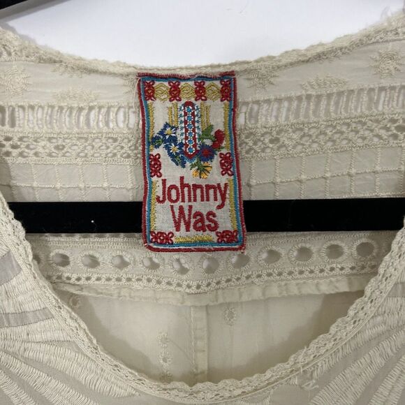 Johnny Was Size Small Embroidered Roll Tab Sleeve Lagenlook Sheer Top - Picture 7 of 7